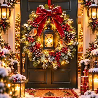 A Robin Glow – Lighted Robin Christmas Wreath