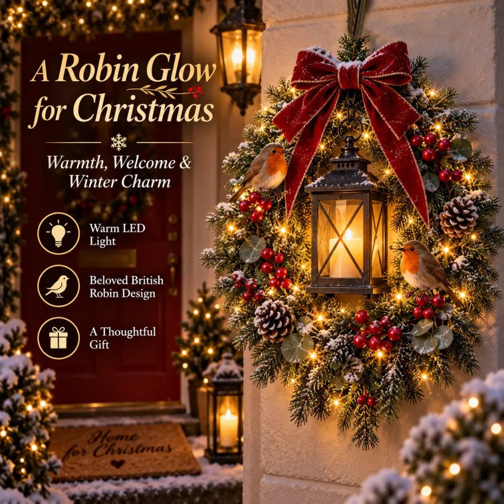 A Robin Glow – Lighted Robin Christmas Wreath
