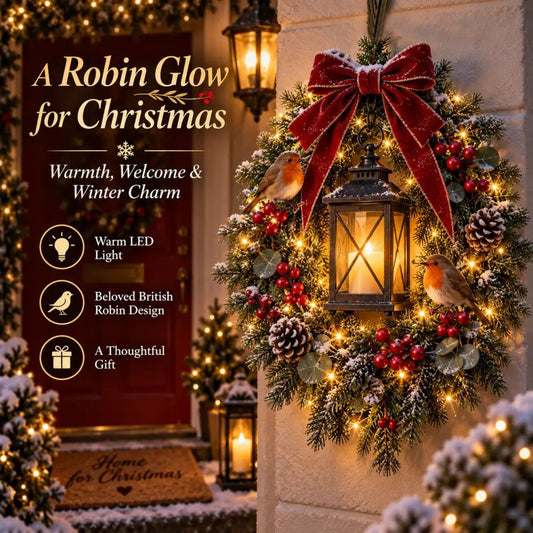A Robin Glow – Lighted Robin Christmas Wreath